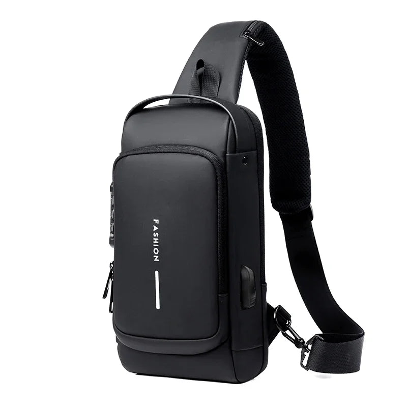 Bolso cruz sling negro para hombres multifuncional antirrobo con correa ajustable negra.