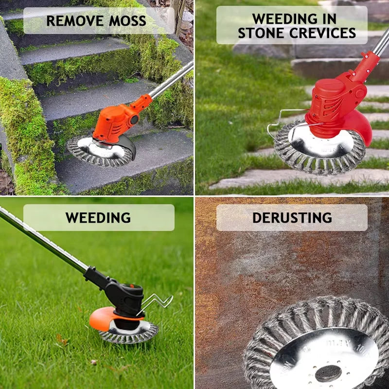 A collection of heavy-duty steel wire wheel brushes used for various lawn care tasks like removing moss, weeding in stone cre