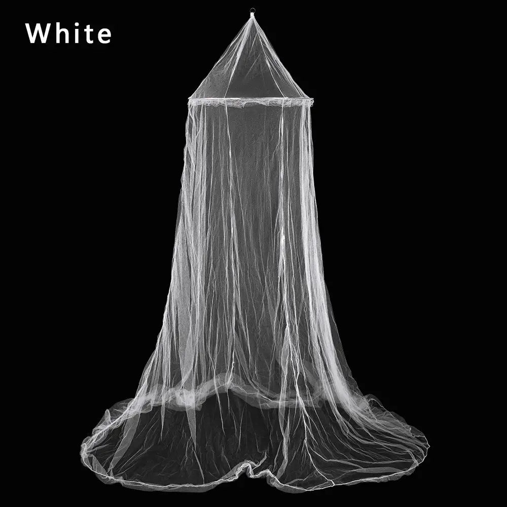 White elegant lace canopy mosquito net draped over a surface.