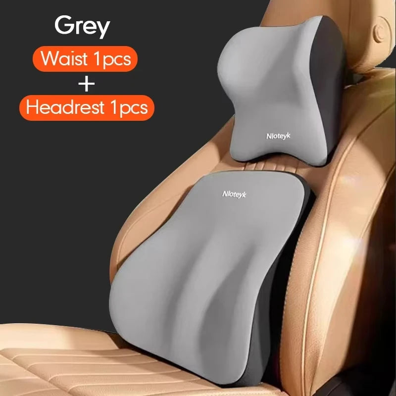 Grey memory foam car headrest and lumbar support cushion with a waist pad