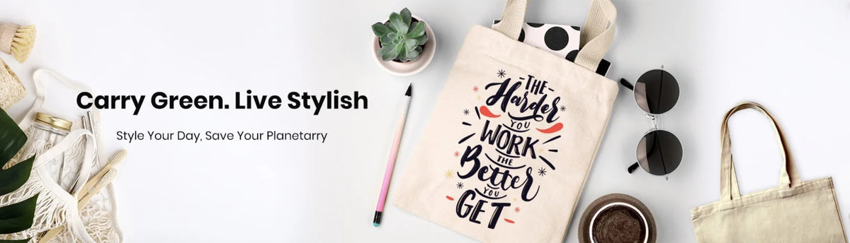 A beige canvas tote bag featuring a graphic design with text and illustrations, set against a white background.