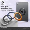 A dark gray iPad case featuring a magnetic ring accessory for 360-degree grip.