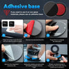 Instructions for using an adhesive base to attach a product, showing steps for cleaning and pressing.