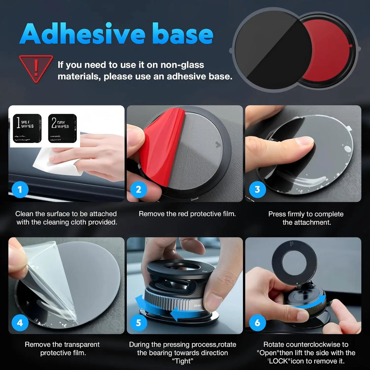 Instructions for using an adhesive base to attach a product, showing steps for cleaning and pressing.