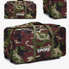 A camouflage green and brown heavy-duty duffel bag with the word SPORT printed on it.