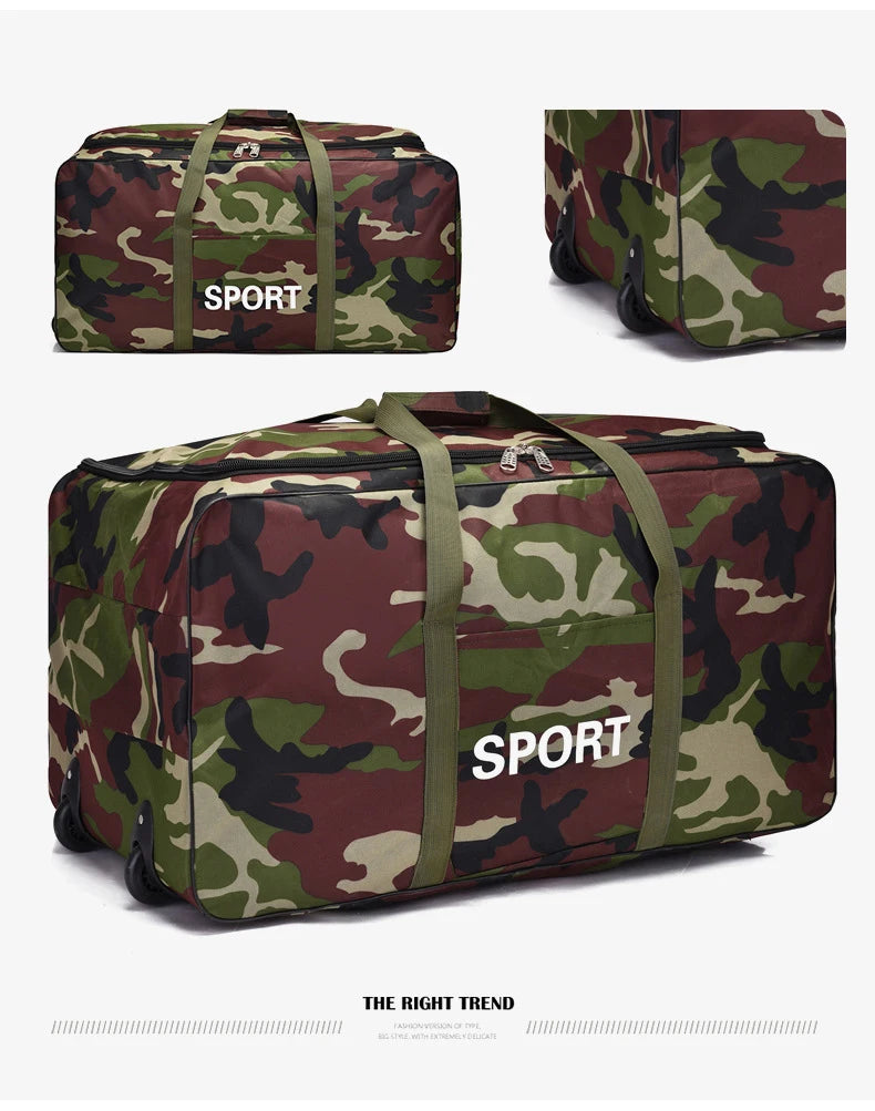 A camouflage green and brown heavy-duty duffel bag with the word SPORT printed on it.