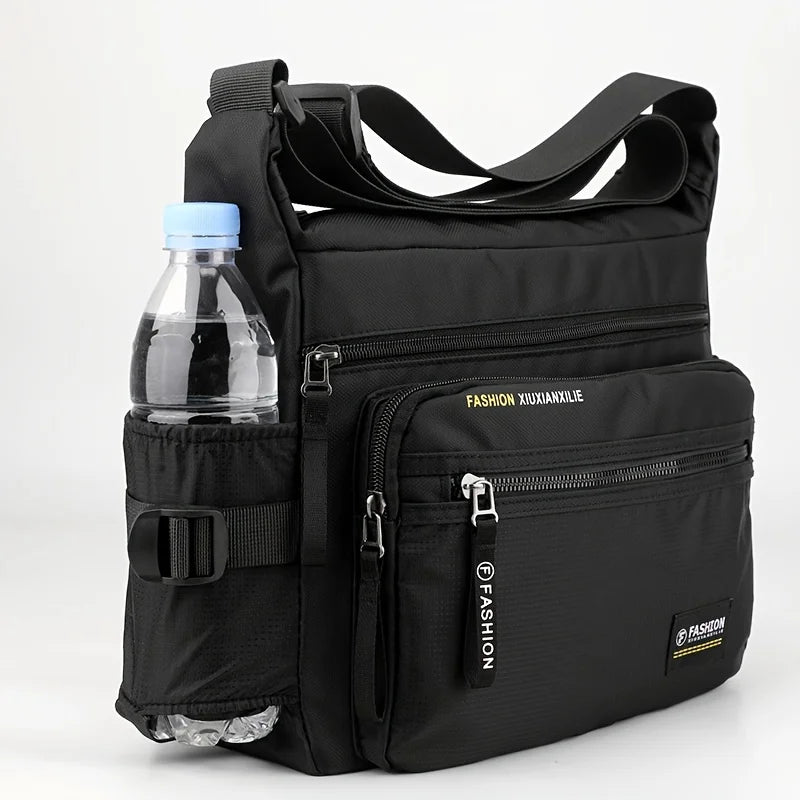 Black men's water-resistant nylon crossbody sling bag with a clear water bottle inside