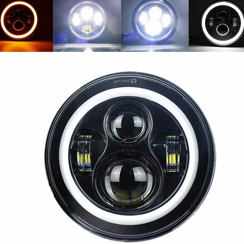 A close-up view of a round motorcycle LED headlight with angel eyes and daytime running lights.