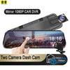 A mirror 1080P car DVR dash cam with a touchscreen display and two cameras mounted for rearview monitoring.