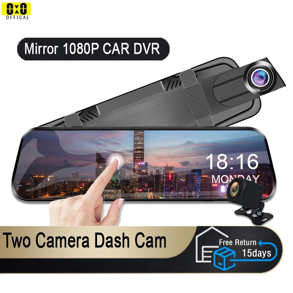 كاميرا سيارة DVR 1080P تعمل كمرآة وشاشة تعمل باللمس مع كاميرتين للمراقبة الخلفية