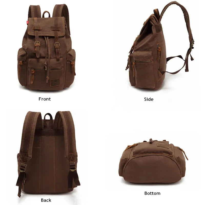 Vintage Canvas Backpack with Leather Accents – Large Capacity Travel & Laptop Bag
