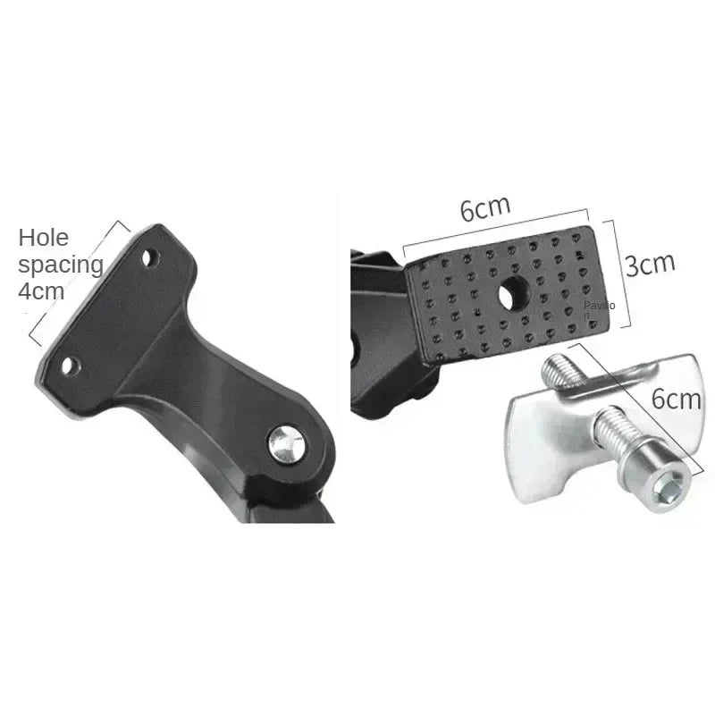 A universal aluminum alloy bicycle kickstand with various mounting options and dimensions shown.