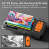 A black industrial endoscope probe with a 4.3 IPS screen displaying a colorful image and various inspection modes.