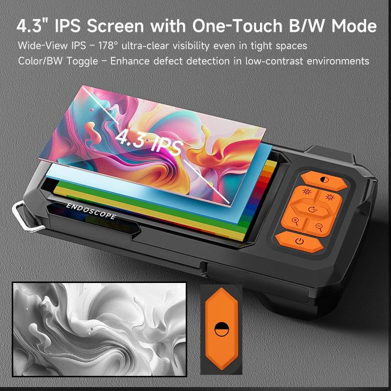 A black industrial endoscope probe with a 4.3 IPS screen displaying a colorful image and various inspection modes.