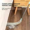 A telescopic microfiber duster brush is shown cleaning dust from a wooden floor surface.