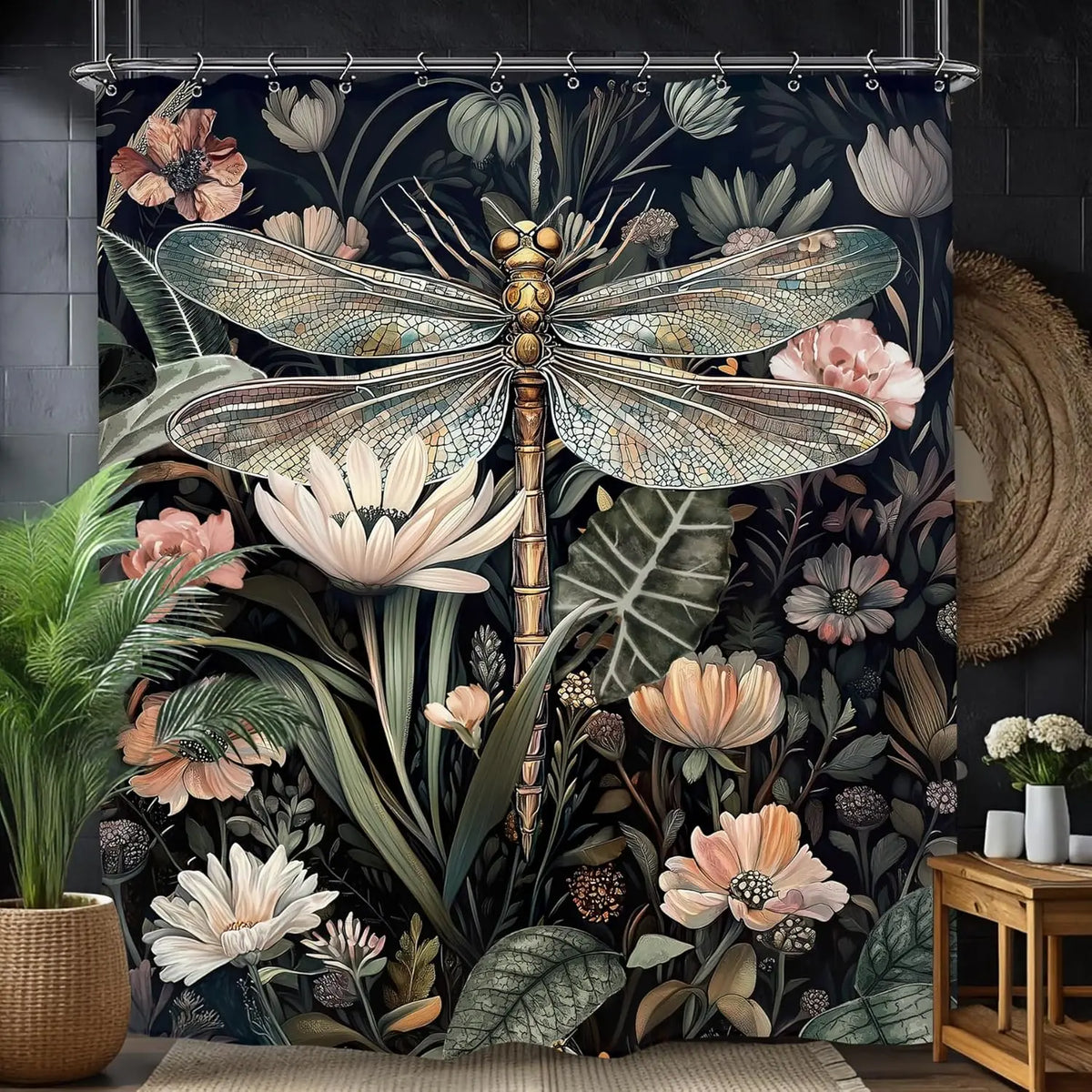 A shower curtain featuring a bold black and white design with floral elements and a large dragonfly motif.