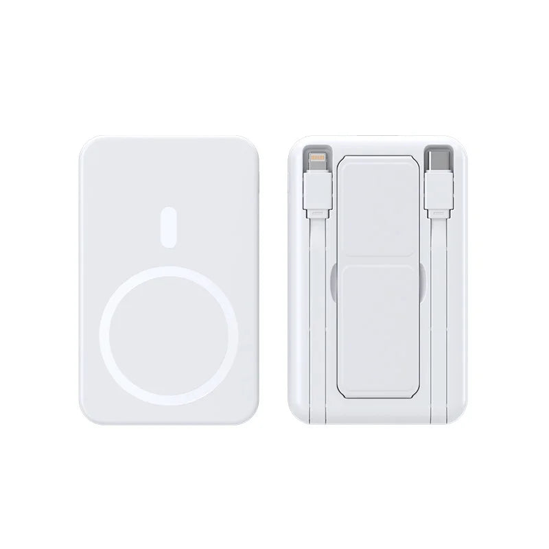 Weißes tragbares magnetisches drahtloses Powerbank, von vorne und seitlich gezeigt.