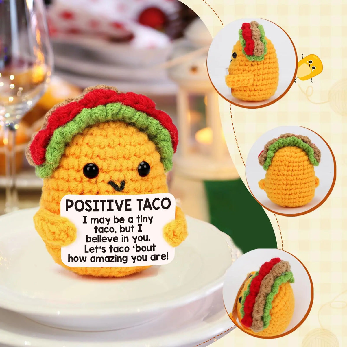 Handmade crochet taco plush toy with a smiling face and colorful toppings