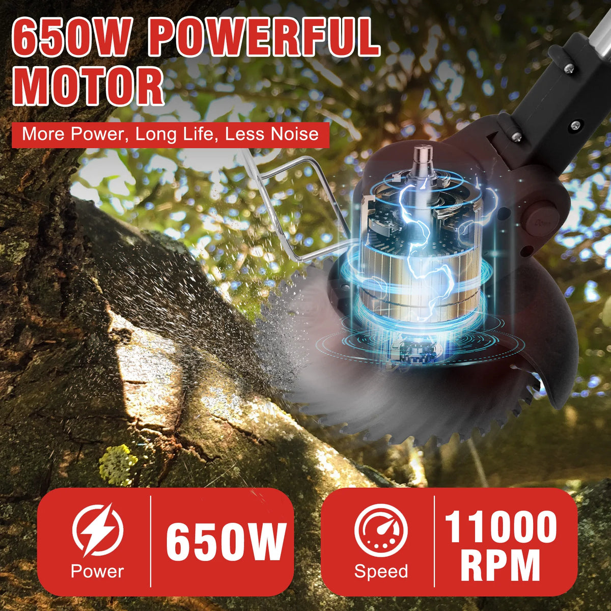 A close-up of a cordless grass trimmer and edger tool with a powerful motor and battery visible against a tree trunk.