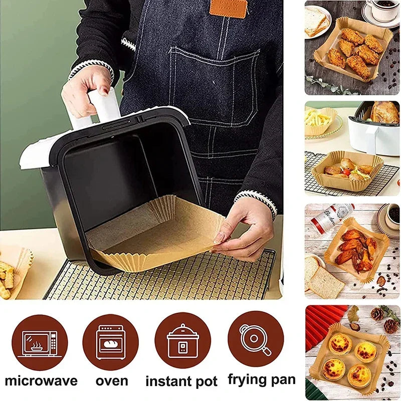 A person is using a disposable air fryer parchment paper liner inside a black appliance for cooking.