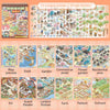 A collection of 12 unique scenes and 18 pet stickers in a landscape sticker book featuring various locations like a dock, gar
