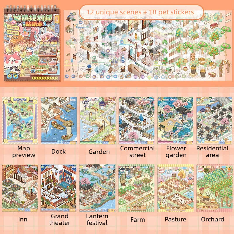 A collection of 12 unique scenes and 18 pet stickers in a landscape sticker book featuring various locations like a dock, gar