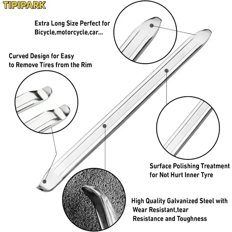 A silver heavy-duty tire iron with a curved design and surface polishing treatment for easy tire removal.