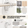 Two installation methods for no-drill curtain rod brackets: adhesive and screw mounting on various walls.