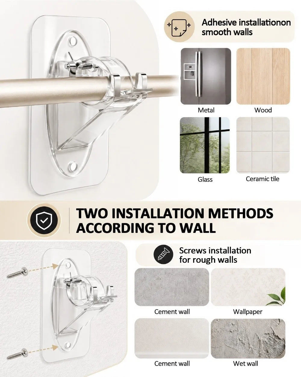 Two installation methods for no-drill curtain rod brackets: adhesive and screw mounting on various walls.