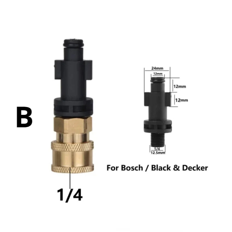 A black heavy-duty quick release adapter for Bosch/Becker pressure washers, showing various size dimensions.