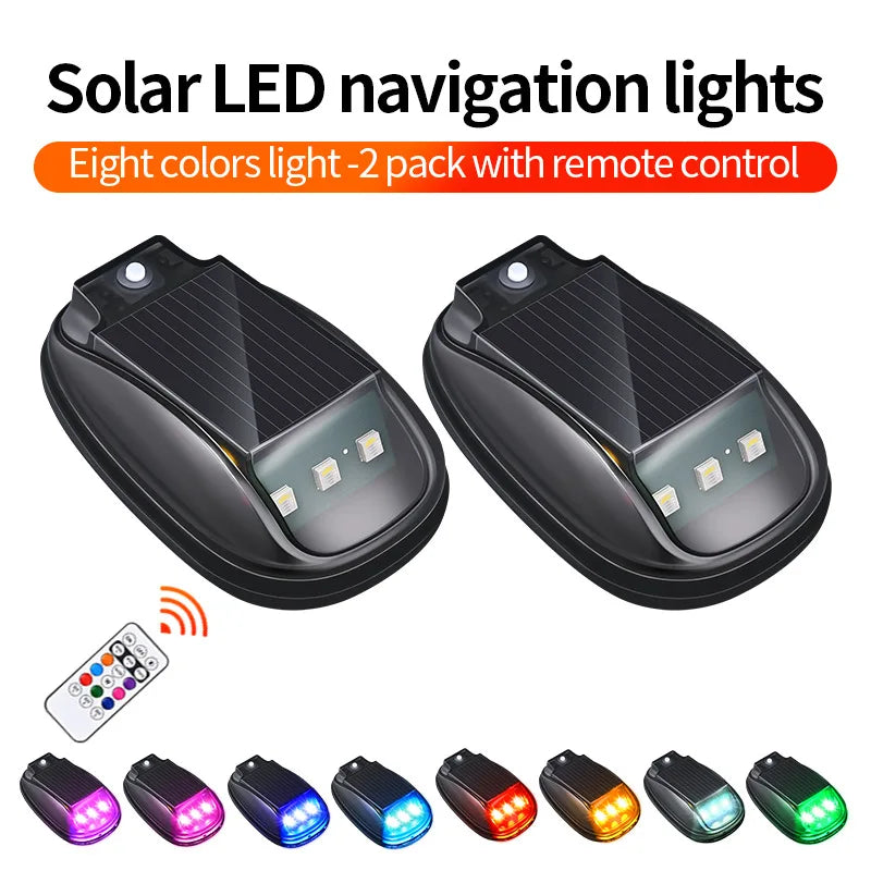 Eight-color solar LED navigation lights sold in a two-pack with a remote control and various colored strobe lights