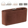 A brown felt handbag organizer insert showing various zippered and open pockets.