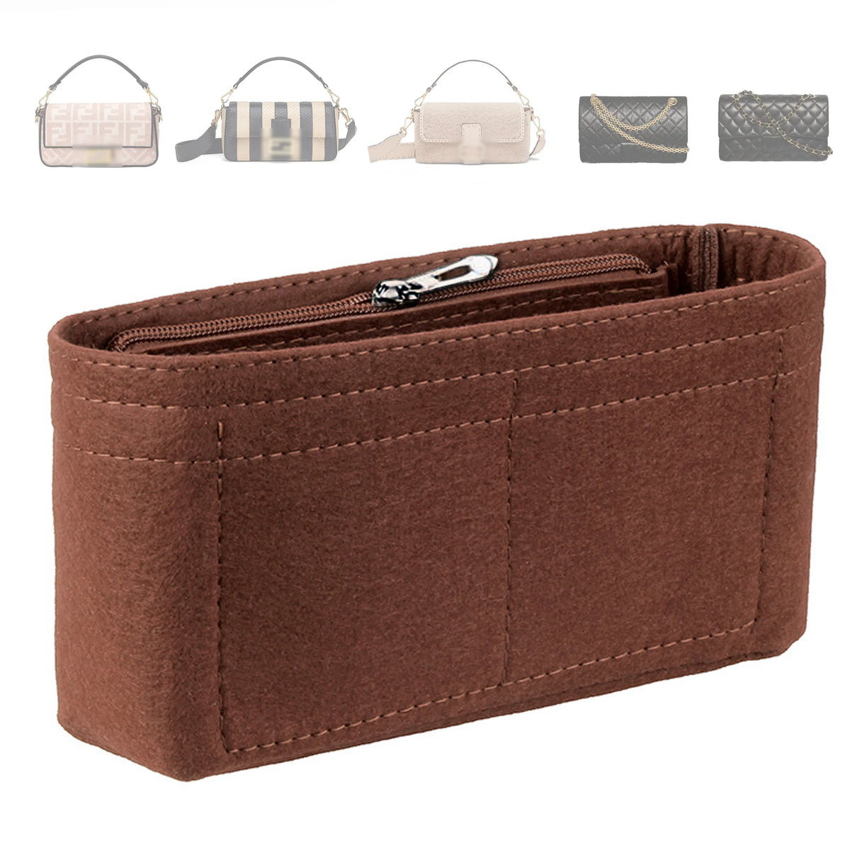 A brown felt handbag organizer insert showing various zippered and open pockets.