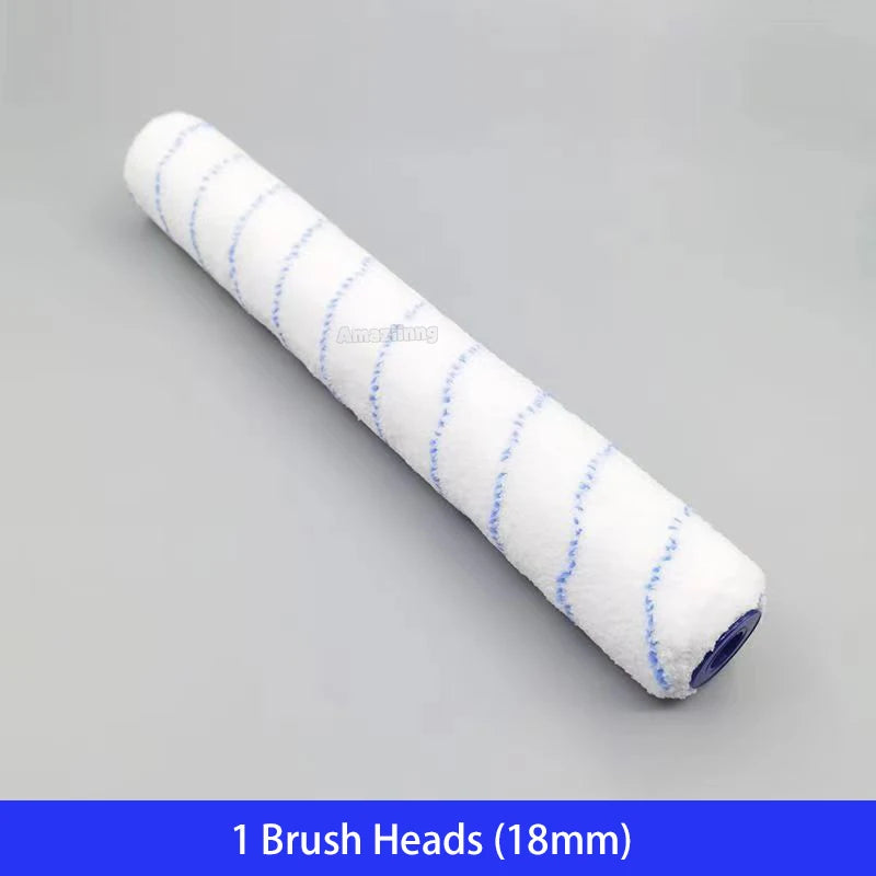 A roll of white brush heads with blue accents is shown against a gray background.