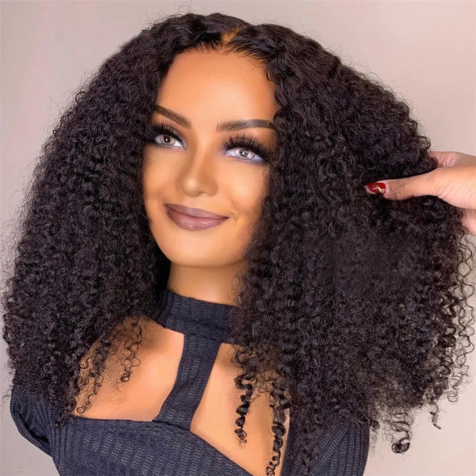 A woman modeling a black kinky curly glueless HD lace wig