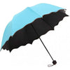 A light blue and black floral bloom rain and sun umbrella open, shown from above.