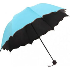 A light blue and black floral bloom rain and sun umbrella open, shown from above.
