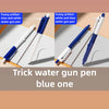 A blue and white trick water gun pen is shown in various angles with a black wire visible.