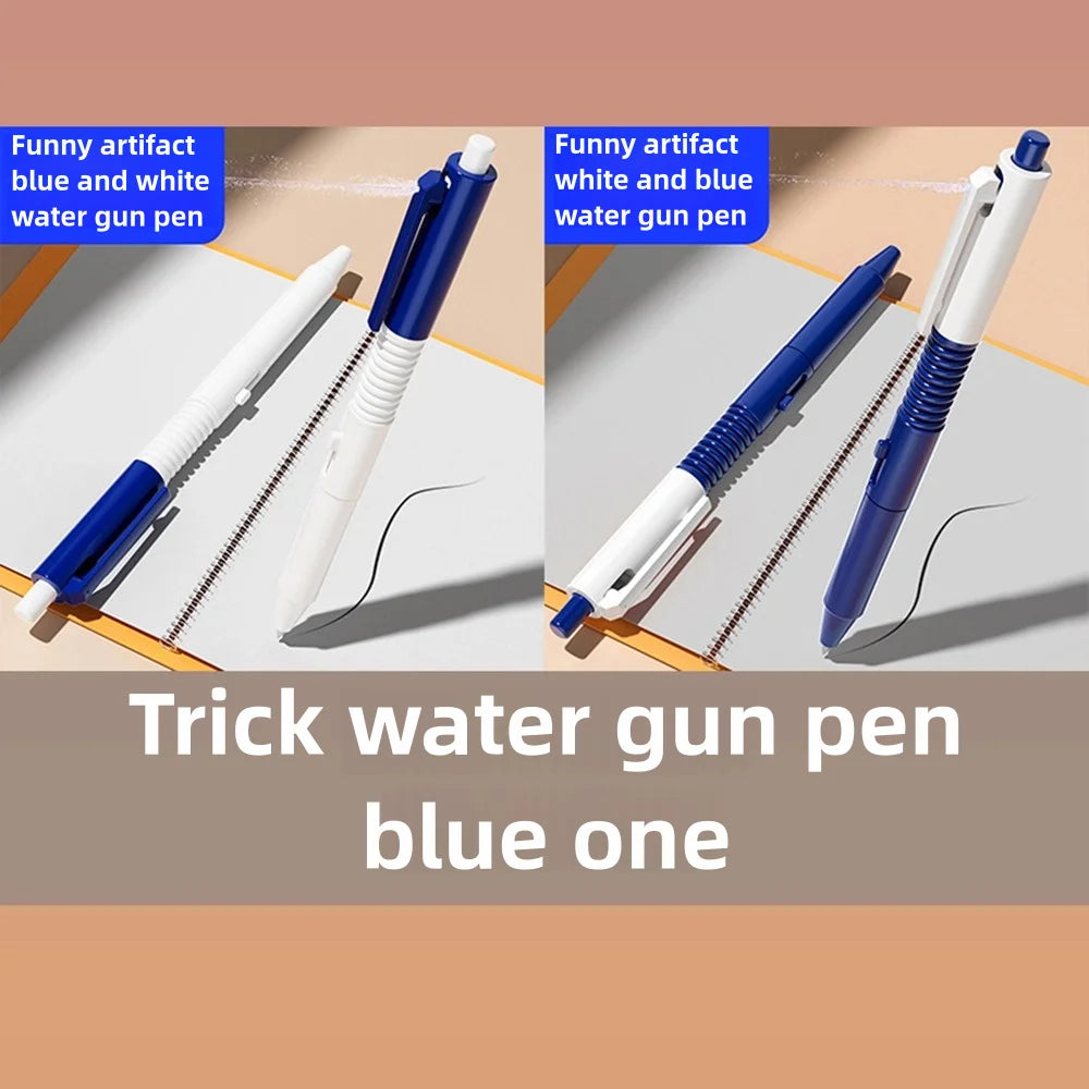 A blue and white trick water gun pen is shown in various angles with a black wire visible.