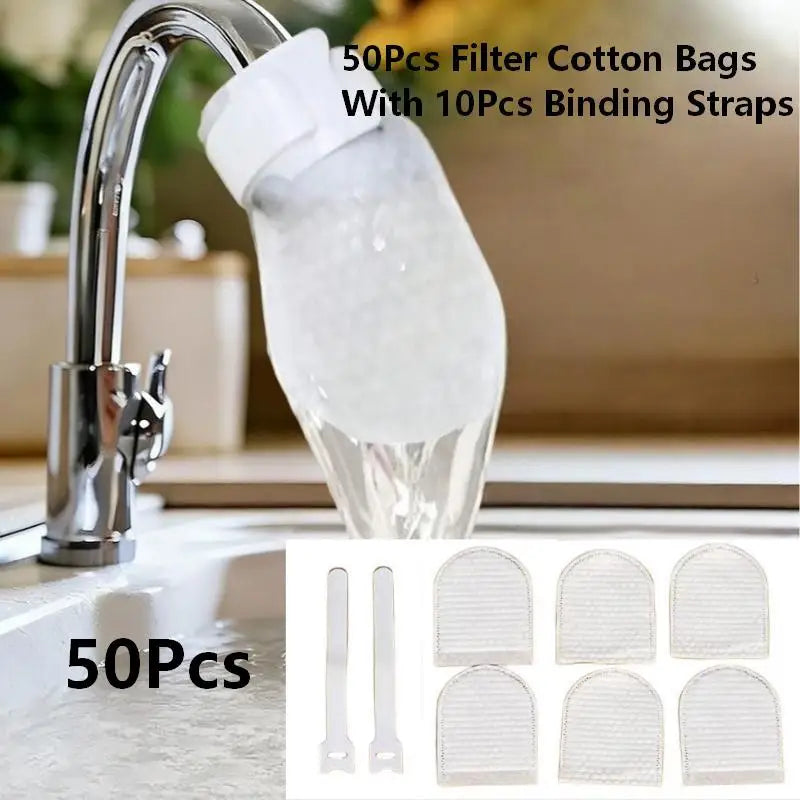 50 pieces of white filter cotton bags with 10 binding straps shown next to a kitchen faucet.