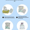 A four-step guide showing how to use silica gel desiccant bags for moisture control, including removing the desiccant and sea