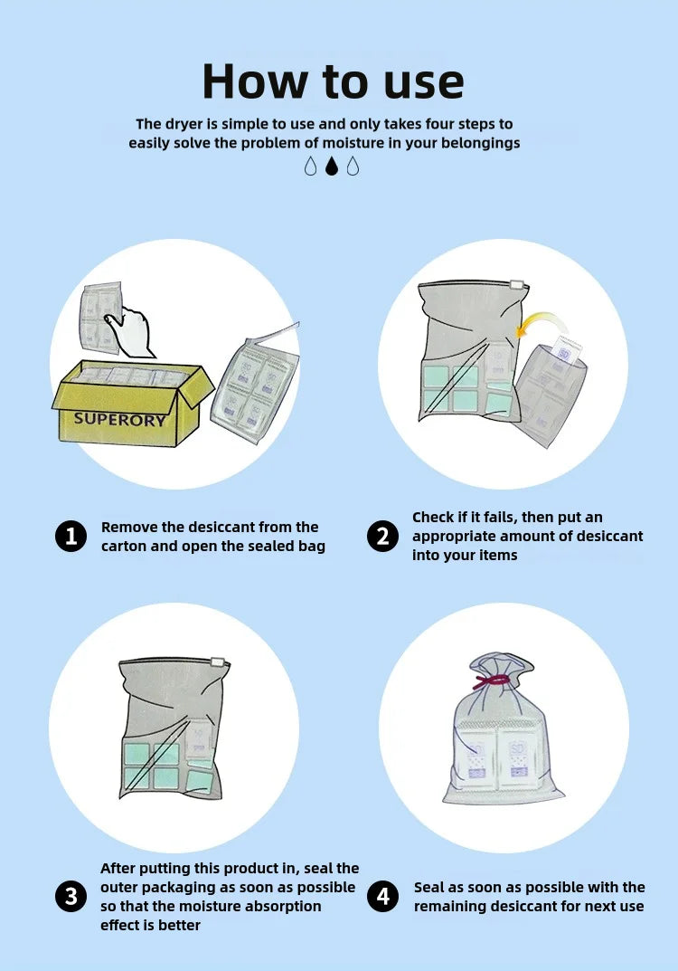 A four-step guide showing how to use silica gel desiccant bags for moisture control, including removing the desiccant and sea