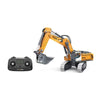 A yellow remote control excavator model with a hydraulic arm and bucket is shown on a white background.