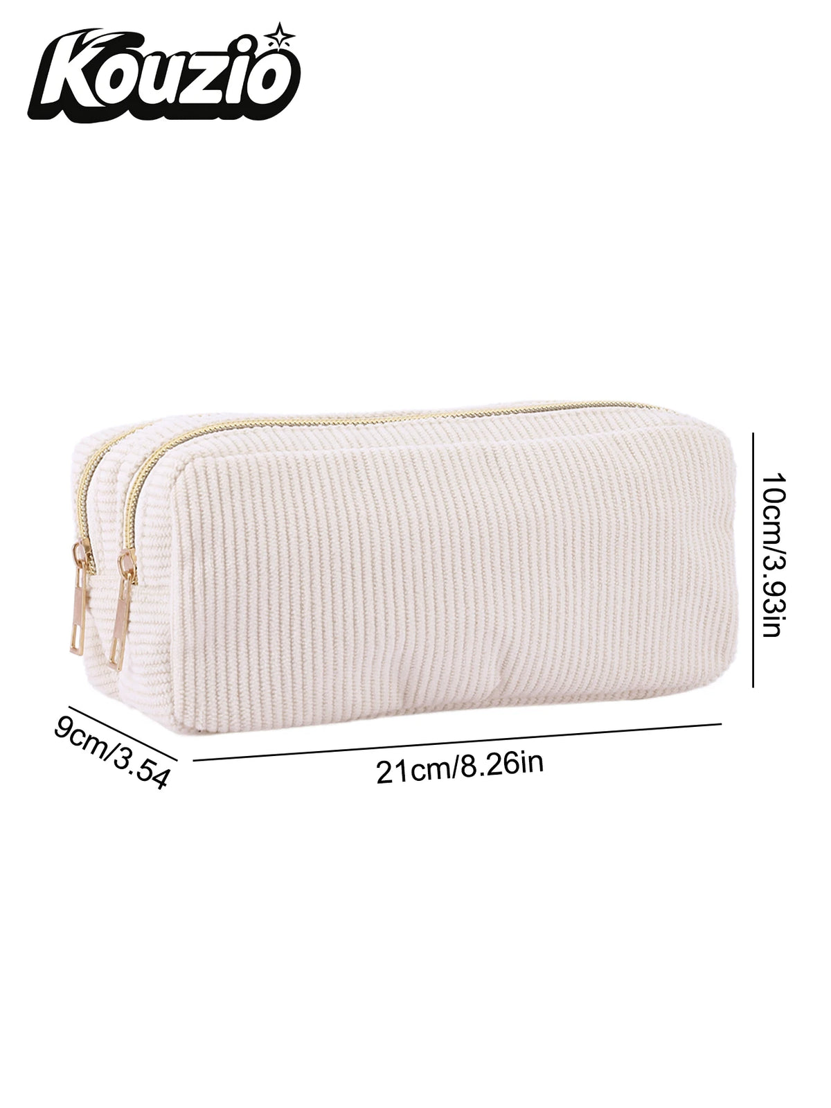 A cream-colored, ribbed pencil case with a zipper, shown in a side view.