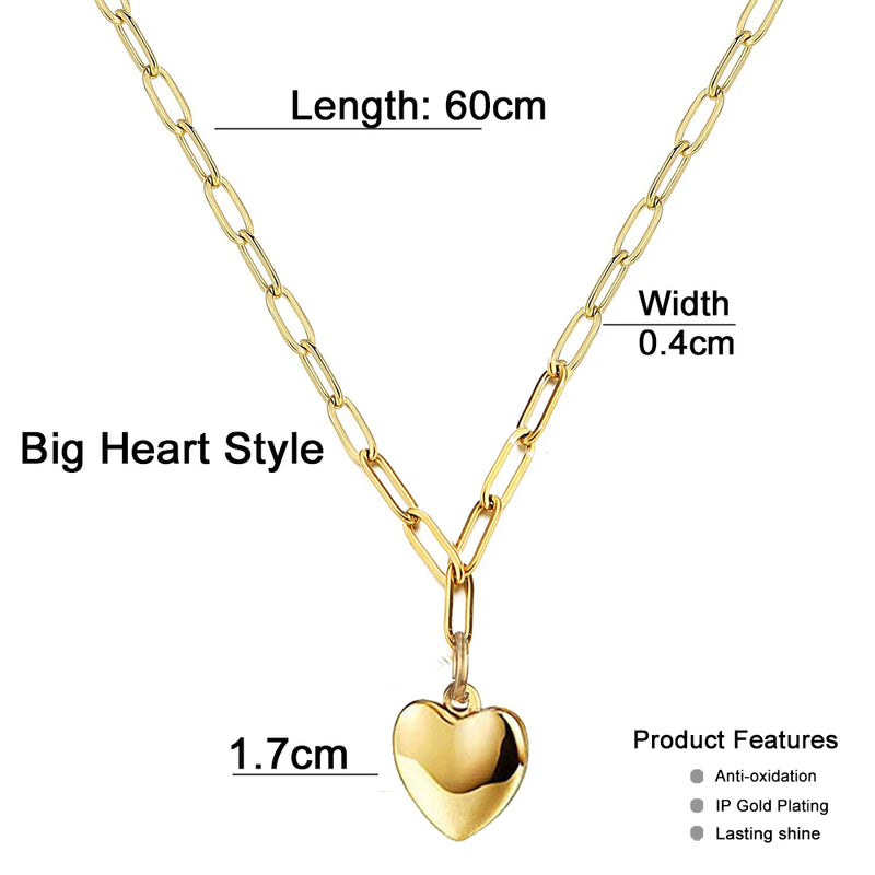 Stainless Steel Paperclip Chain Heart Pendant Necklace