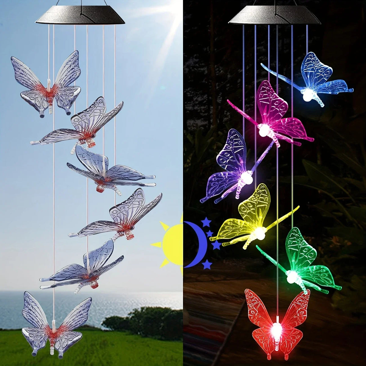 Eine Sammlung solarbetriebener Schmetterlings-Windspiele mit farbwechselnden Lichtern, aufgehängt an einem Faden.