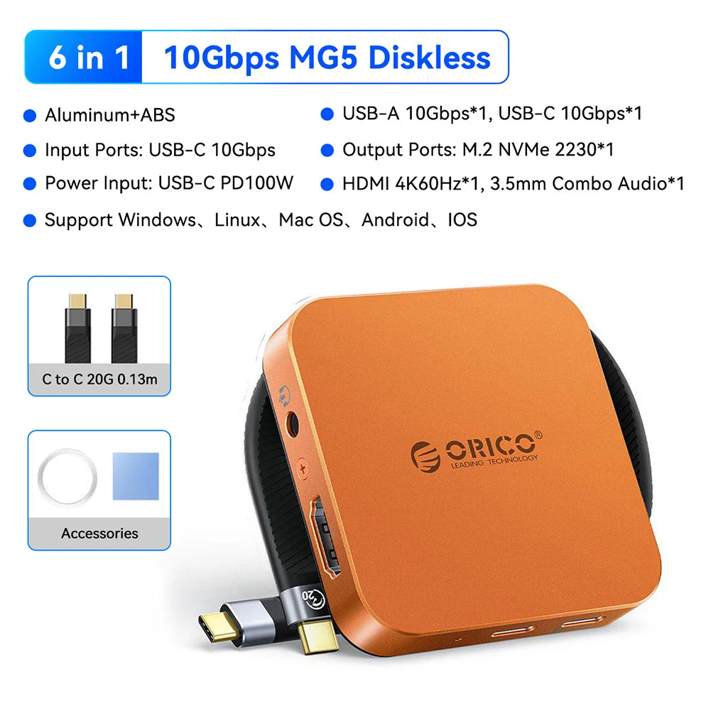 Boîtier NVMe SSD magnétique orange avec divers ports et accessoires