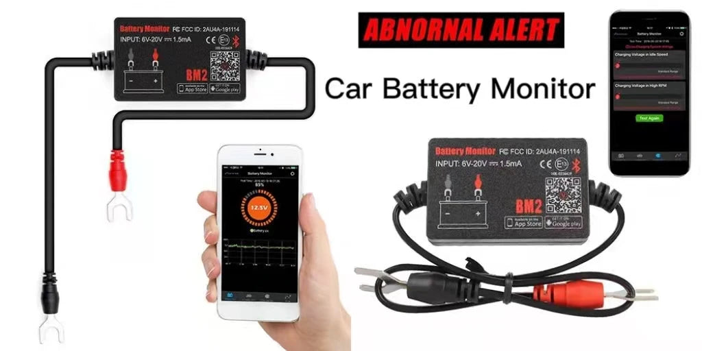 A car battery monitor device and cables are shown next to a hand holding a smartphone.