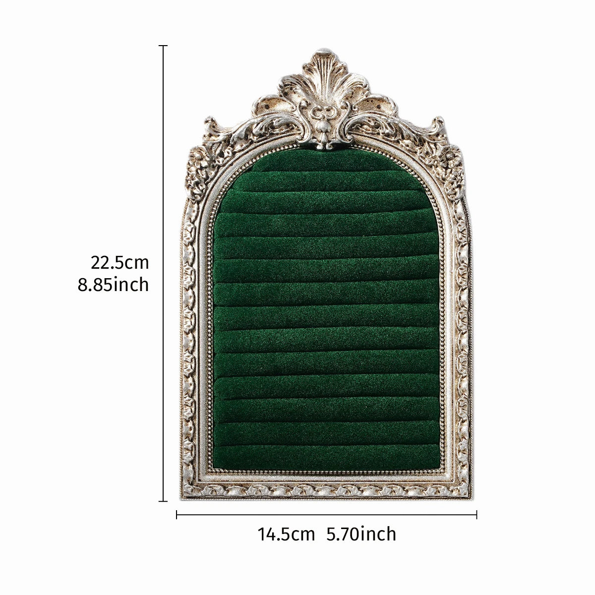 An arched resin jewelry display stand with a hand-painted floral design featuring a dark green velvet insert and an ornate si