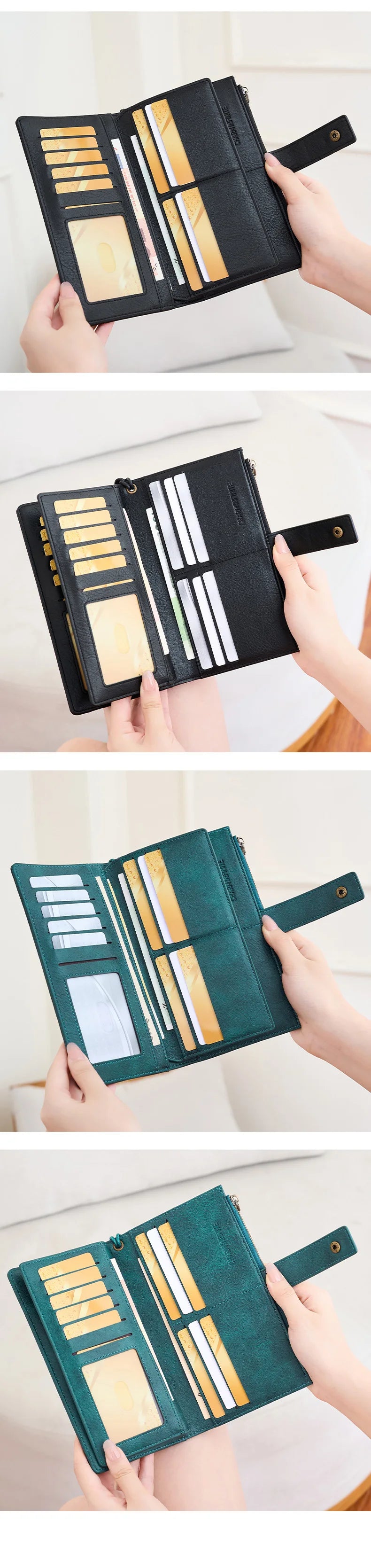A close-up of a dark green leather bifold wallet with multiple card slots and a black zip-around closure being held by hands.